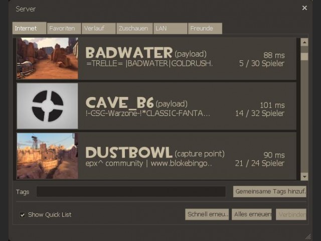 "Quick List" im Server-Browser von Team Fortress 2