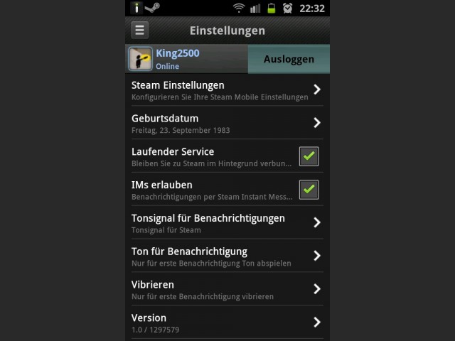 Steam Mobile auf Android Smartphone Einstellungen